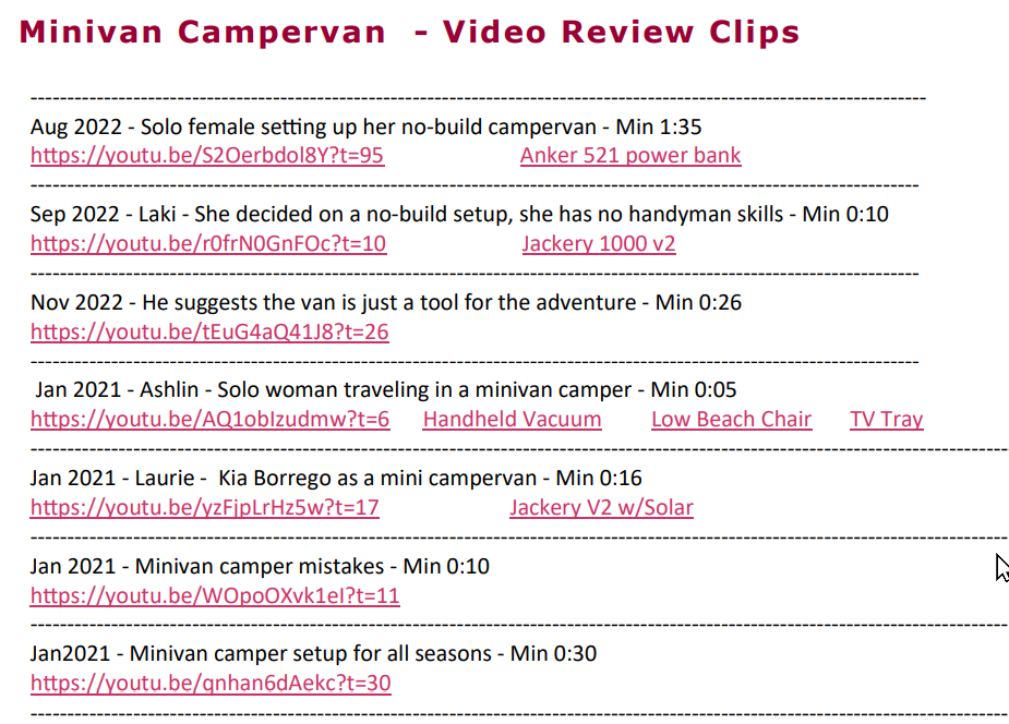 Minivan Campervans | $5.99 eBook | 49 video review clips | Click and Watch